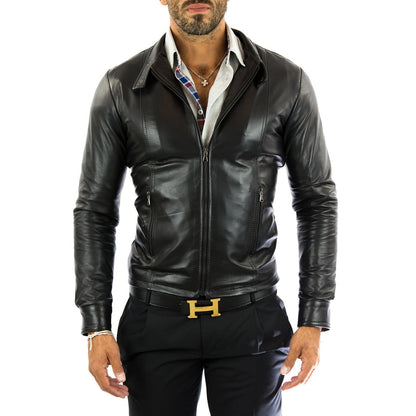 Giacca Biker In Vera Pelle Marrone Uomo Slim Cuciture Frontali Rindway