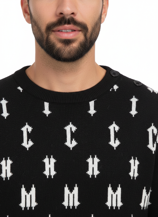 John Richmond schwarzer Pullover mit Jacquard-Logo-Allover-Print