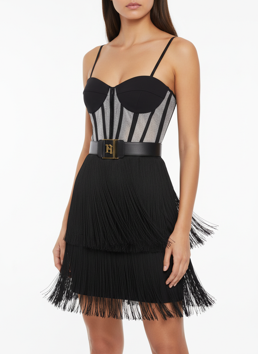 Elisabetta Franchi kurzes schwarzes Bustierkleid mit Fransen