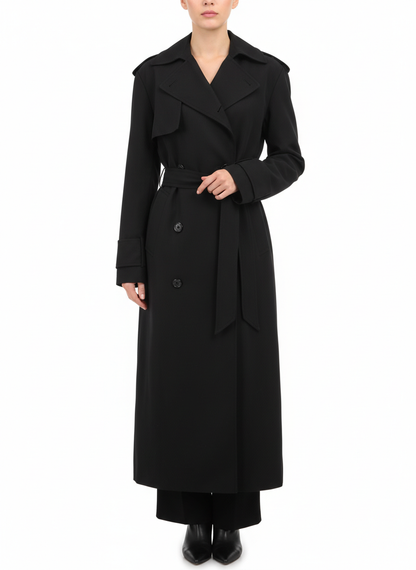 Aniye By schwarzer, zweireihiger, langer Trenchcoat mit Gürtel