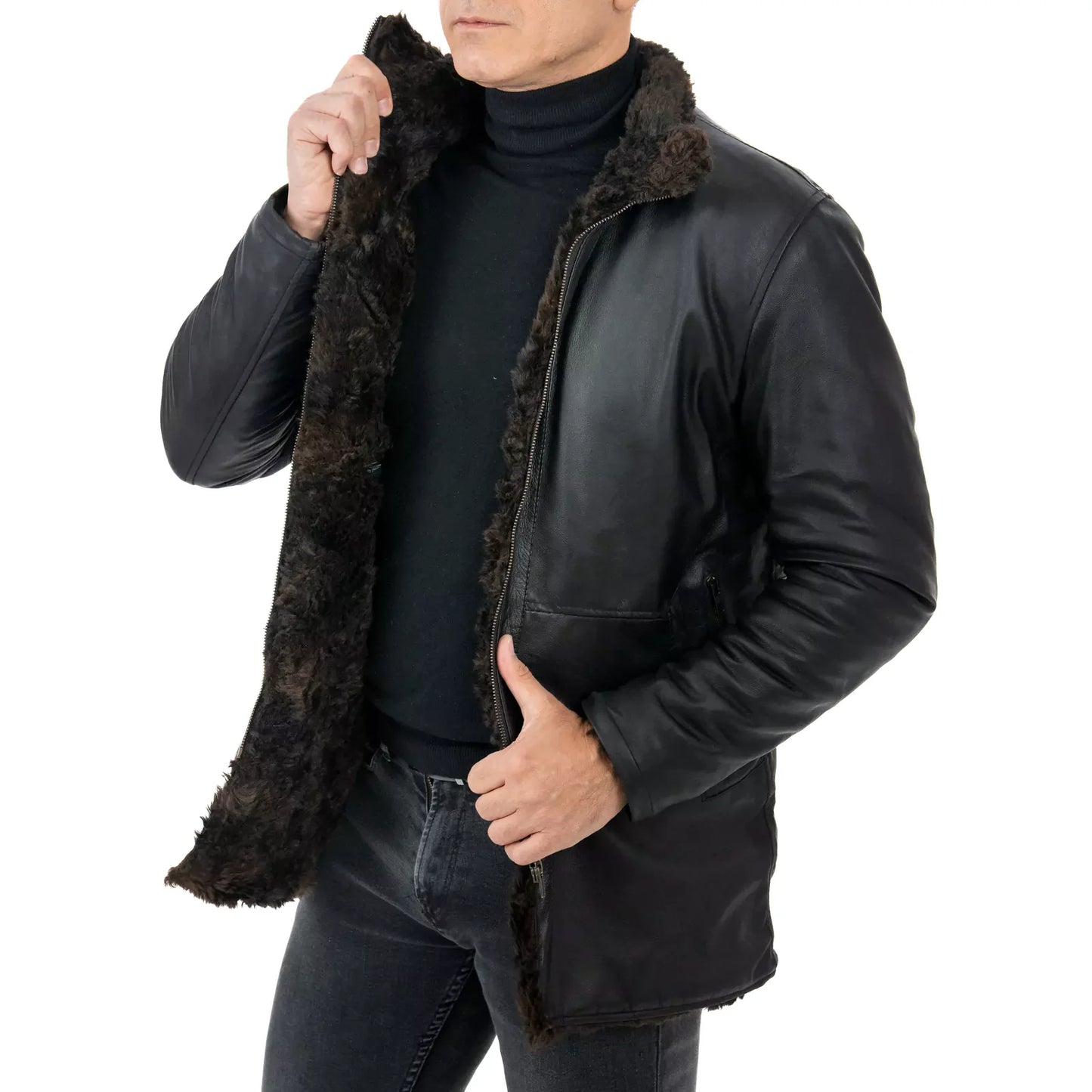 Cappotto Giacca In Vera Pelle Nera Uomo Slim In Stile Montone Pelo Lungo Rindway