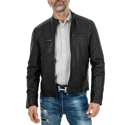 Rindway Herren-Bikerjacke aus schwarzem Echtleder in schmaler Passform mit Stehkragen und vier Taschen