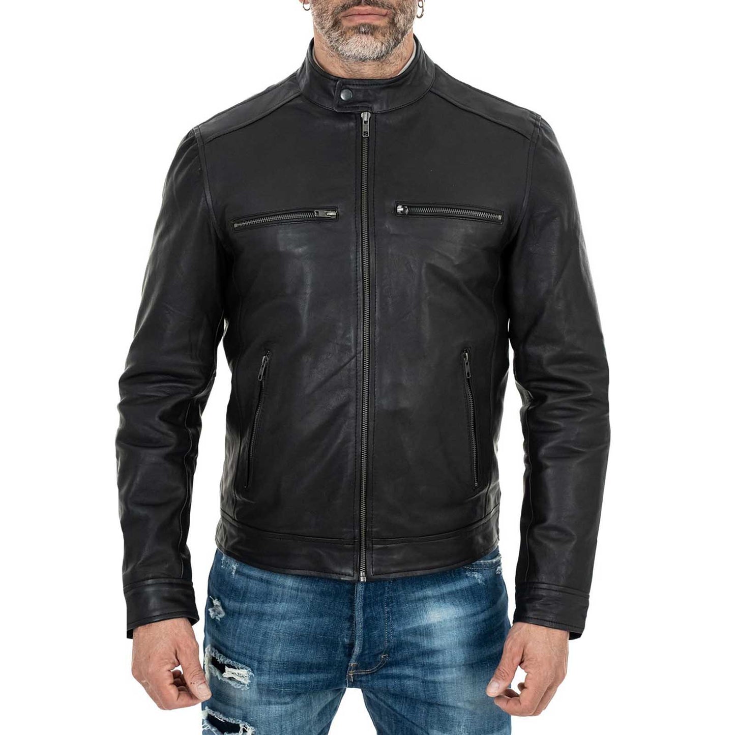 Rindway Herren-Bikerjacke aus schwarzem Echtleder in schmaler Passform mit Stehkragen und vier Taschen