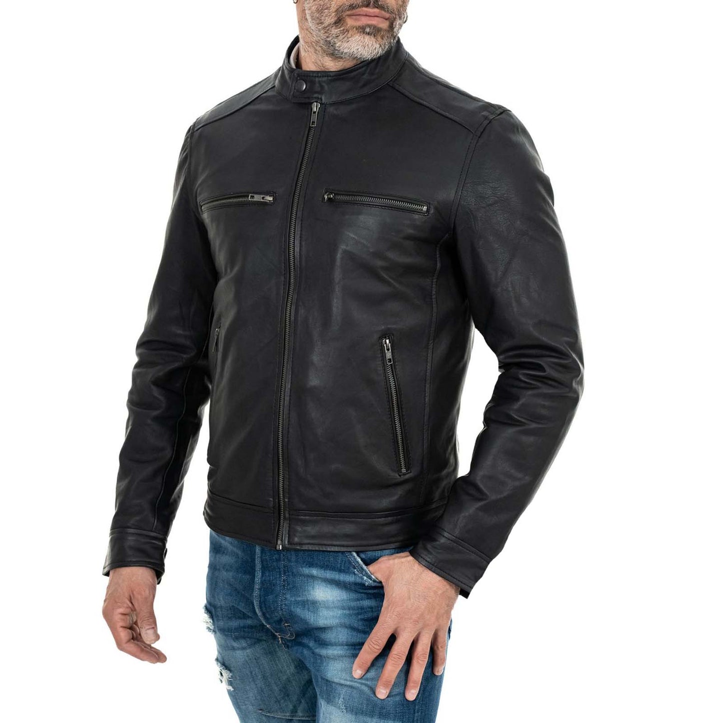 Rindway Herren-Bikerjacke aus schwarzem Echtleder in schmaler Passform mit Stehkragen und vier Taschen