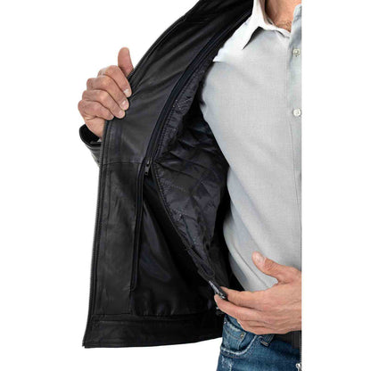 Rindway Herren-Bikerjacke aus schwarzem Echtleder in schmaler Passform mit Stehkragen und vier Taschen