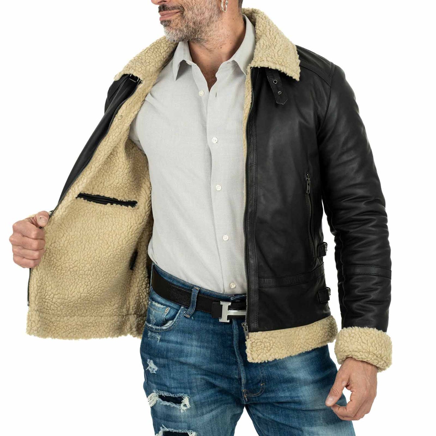 Schwarze, schmal geschnittene Bikerjacke für Herren im Lammfell-Look aus echtem Leder mit Rindway-Schnallenkragen