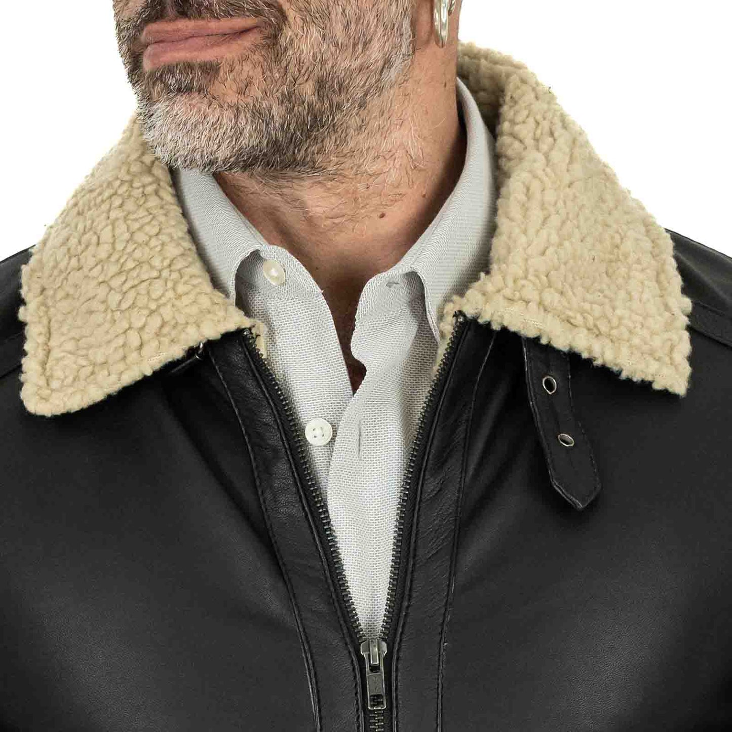 Slim-Fit-Bikerjacke im Lammfell-Stil für Herren mit schwarzem Innenfutter und Rindway-Schnallenkragen