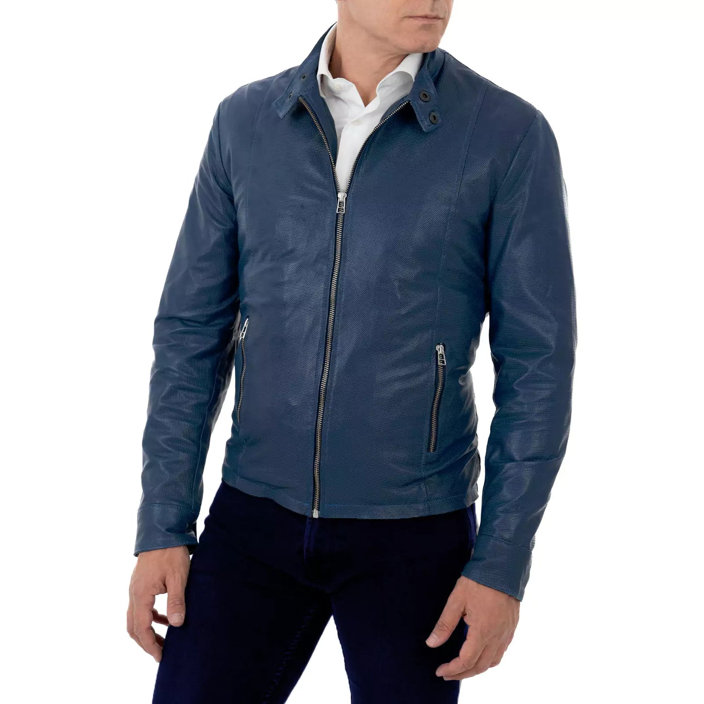 Giacca Biker In Vera Pelle Blu Medio Uomo Slim Cuciture Frontali Rindway