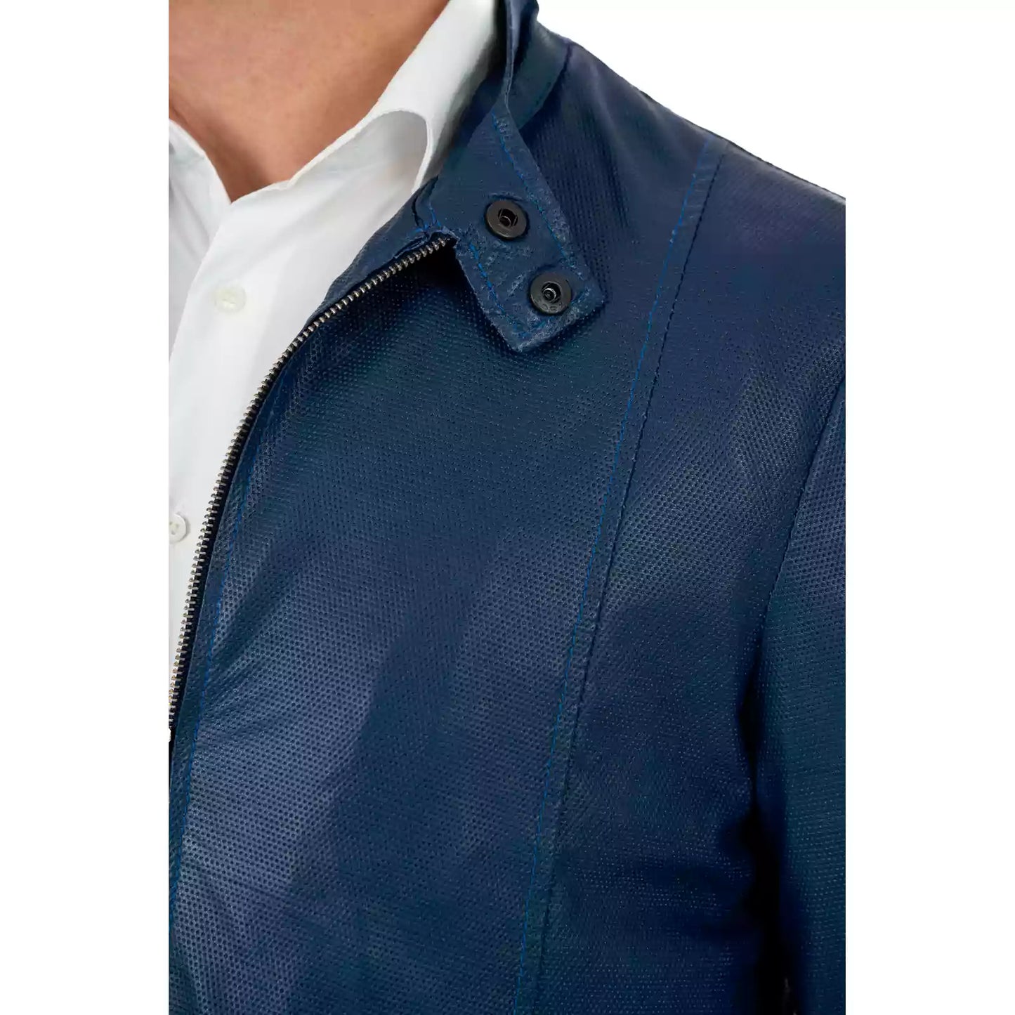 Giacca Biker In Vera Pelle Blu Medio Uomo Slim Cuciture Frontali Rindway