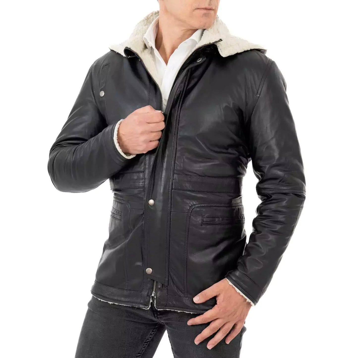 Rindway Herren-Lederjacke in Slim Fit, schwarz, aus echtem Leder, mit Lammfelltaschen und abnehmbarer Kapuze