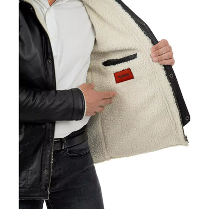 Rindway Herren-Lederjacke in Slim Fit, schwarz, aus echtem Leder, mit Lammfelltaschen und abnehmbarer Kapuze