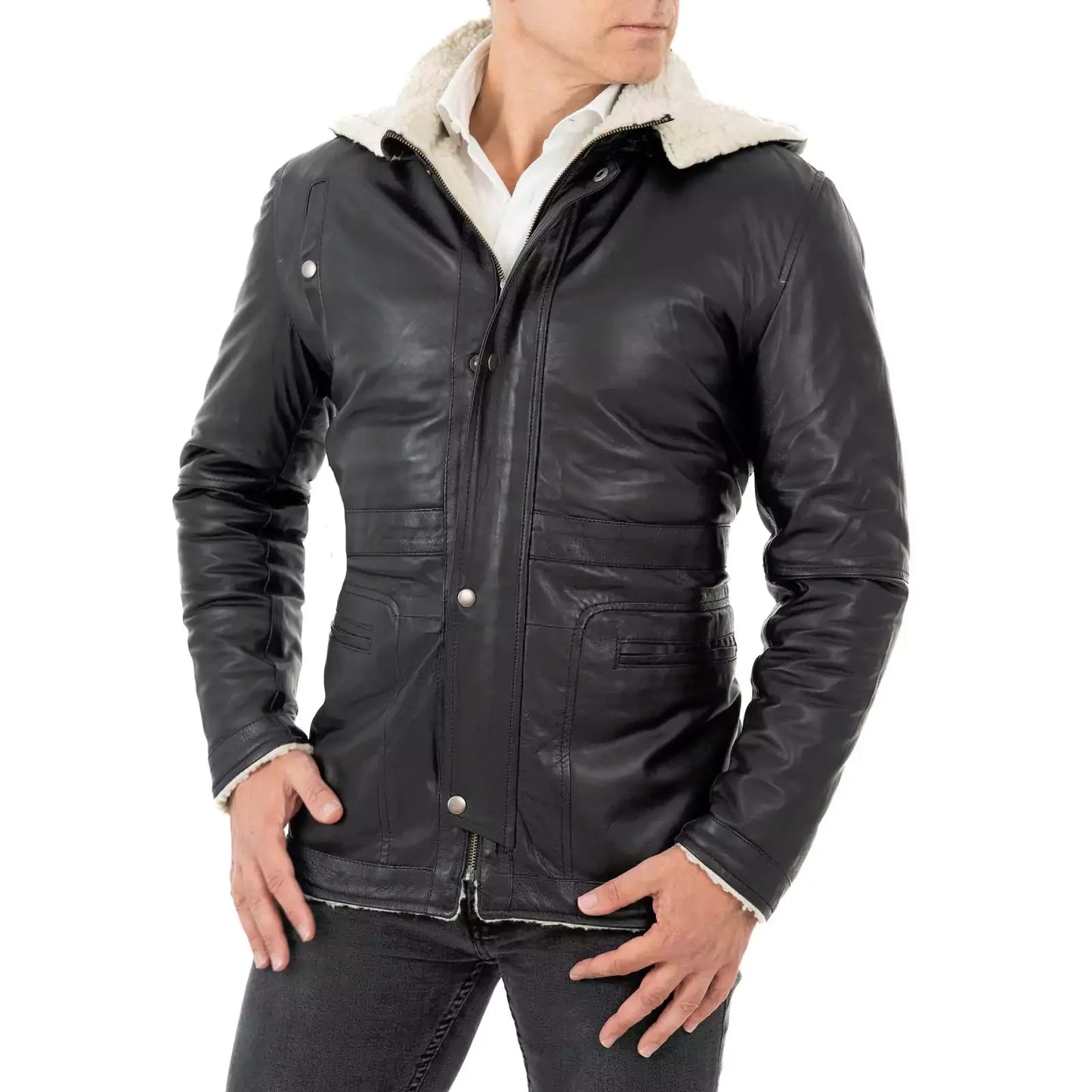 Rindway Herren-Lederjacke in Slim Fit, schwarz, aus echtem Leder, mit Lammfelltaschen und abnehmbarer Kapuze