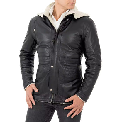 Rindway Herren-Lederjacke in Slim Fit, schwarz, aus echtem Leder, mit Lammfelltaschen und abnehmbarer Kapuze