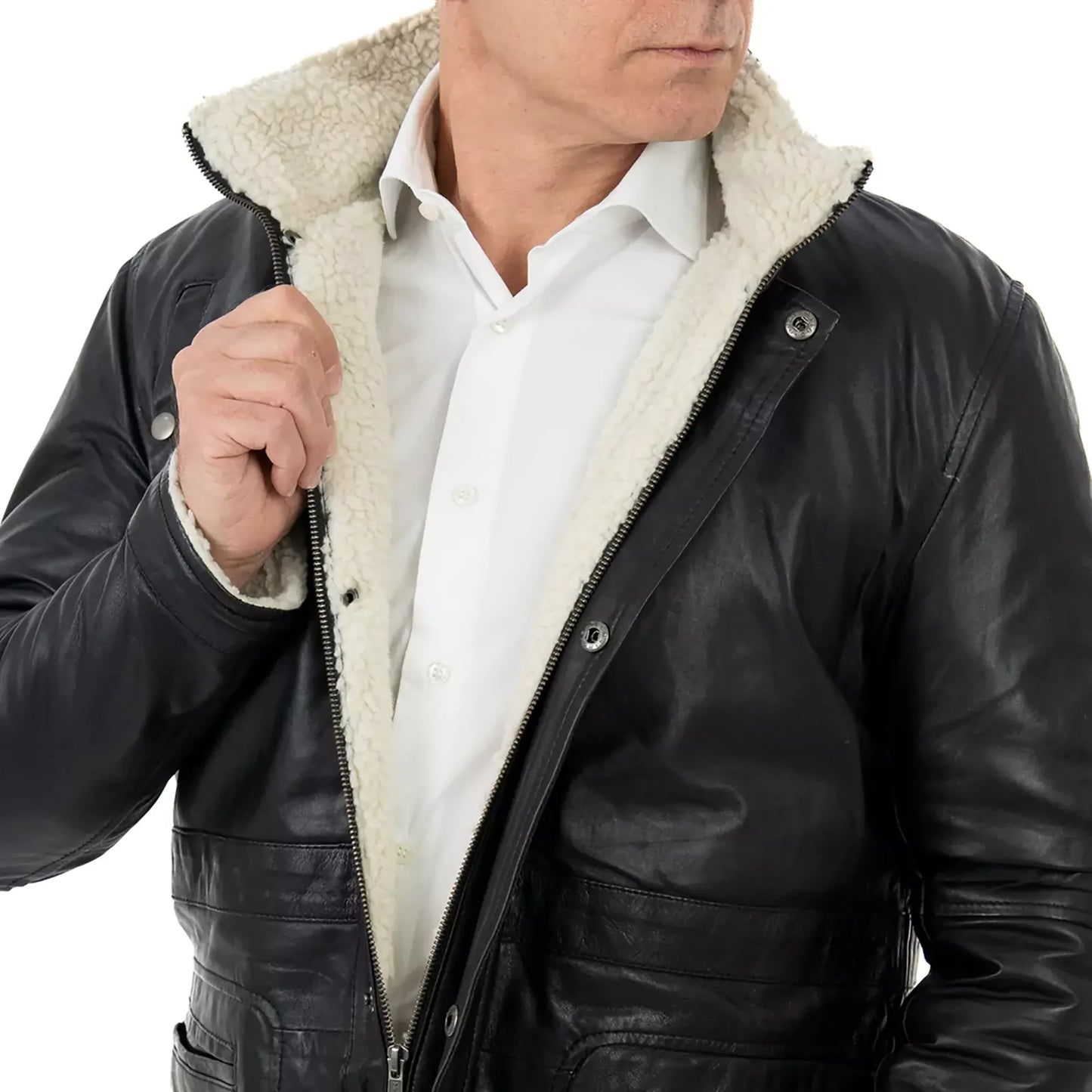 Rindway Herren-Lederjacke in Slim Fit, schwarz, aus echtem Leder, mit Lammfelltaschen und abnehmbarer Kapuze