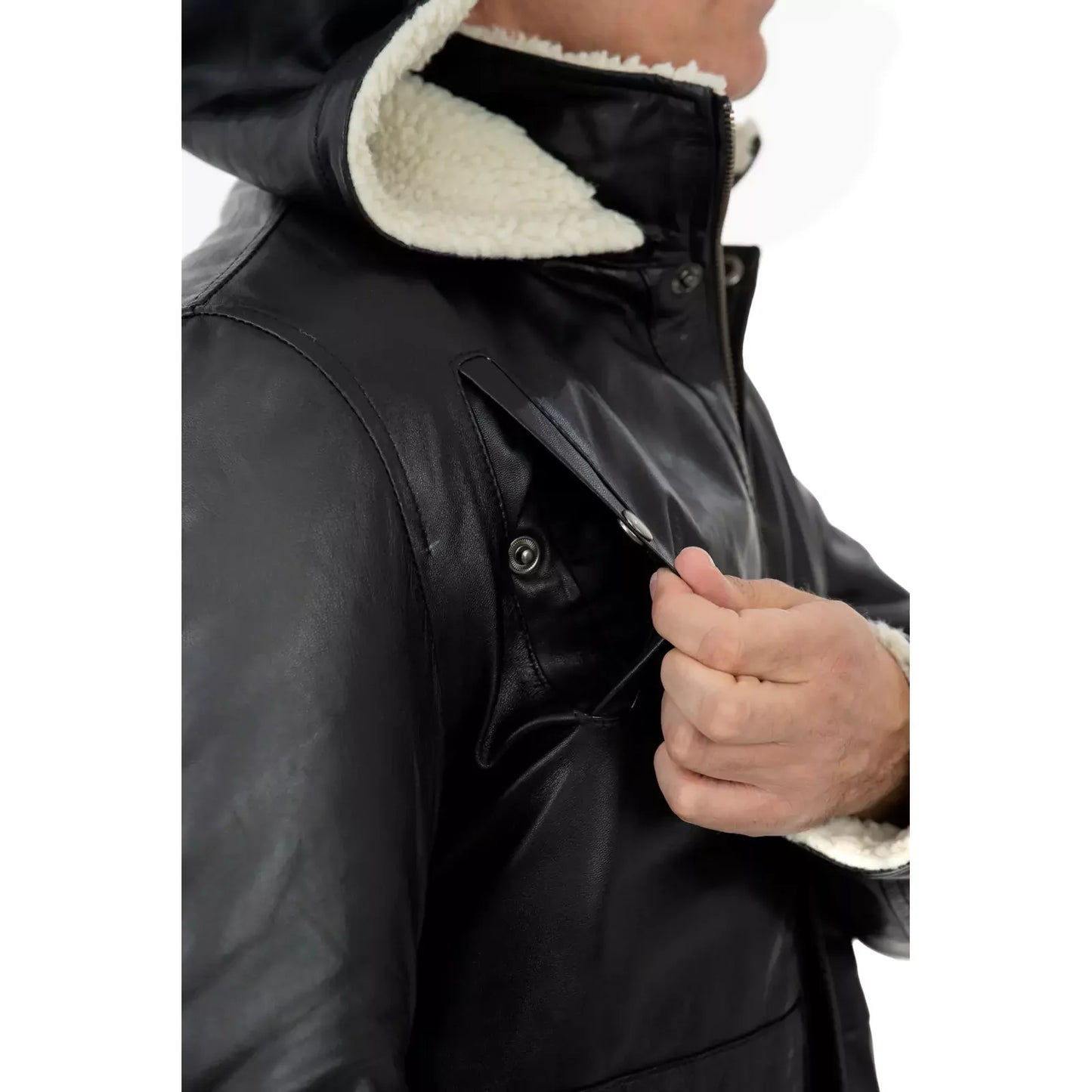 Rindway Herren-Lederjacke in Slim Fit, schwarz, aus echtem Leder, mit Lammfelltaschen und abnehmbarer Kapuze