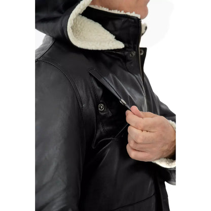 Rindway Herren-Lederjacke in Slim Fit, schwarz, aus echtem Leder, mit Lammfelltaschen und abnehmbarer Kapuze