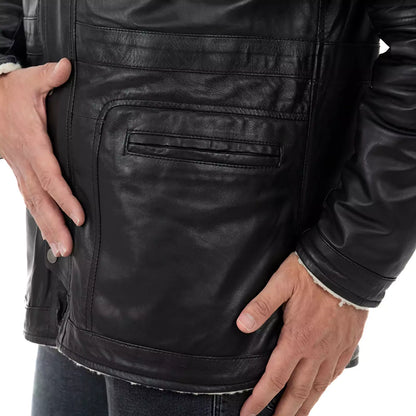 Rindway Herren-Lederjacke in Slim Fit, schwarz, aus echtem Leder, mit Lammfelltaschen und abnehmbarer Kapuze