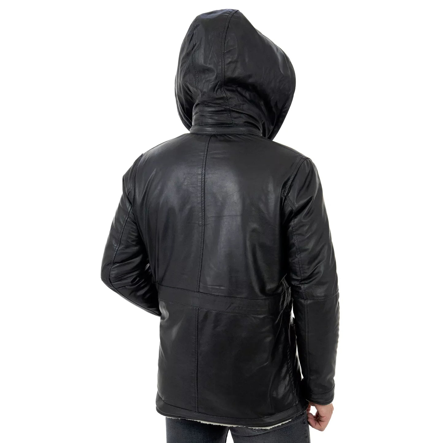 Rindway Herren-Lederjacke in Slim Fit, schwarz, aus echtem Leder, mit Lammfelltaschen und abnehmbarer Kapuze