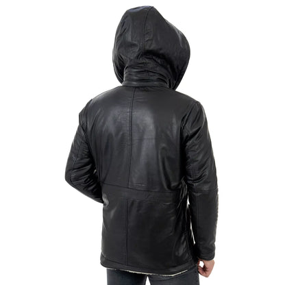Rindway Herren-Lederjacke in Slim Fit, schwarz, aus echtem Leder, mit Lammfelltaschen und abnehmbarer Kapuze
