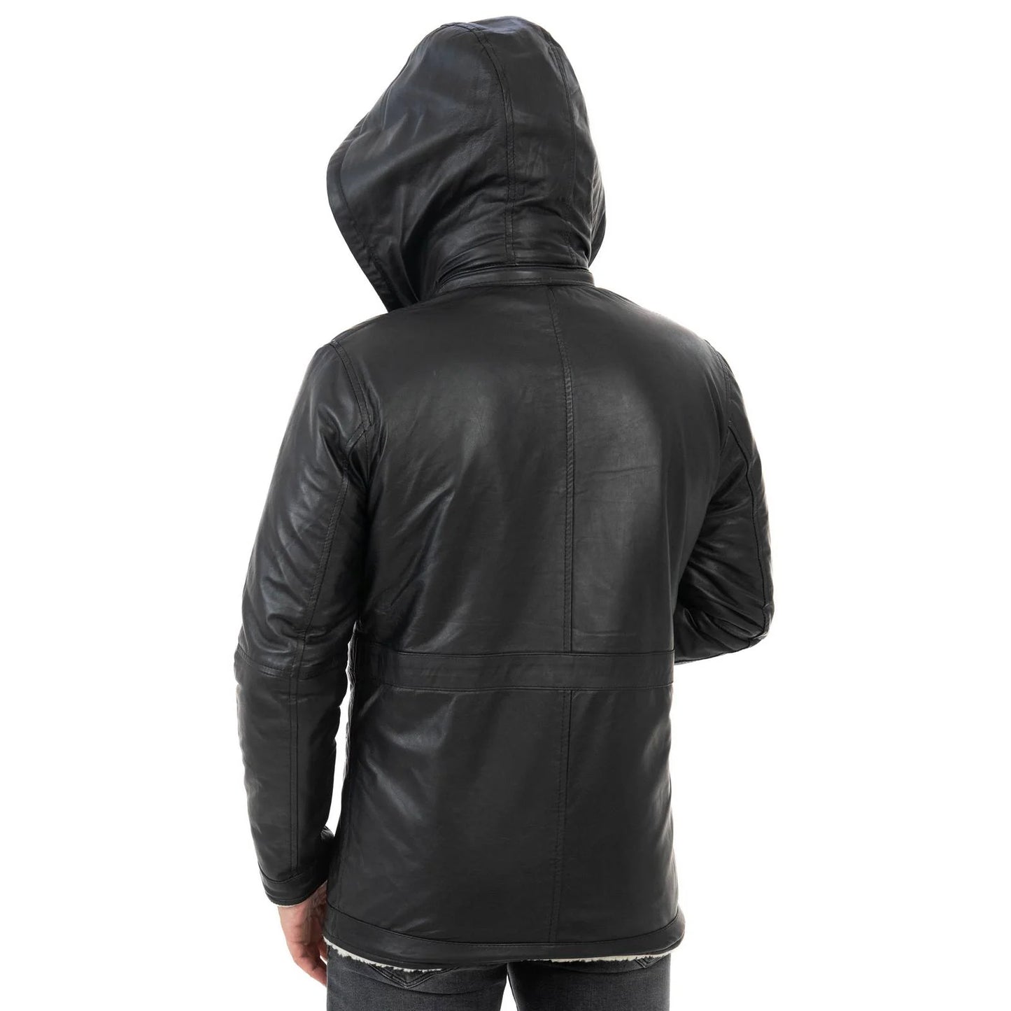 Rindway Herren-Lederjacke in Slim Fit, schwarz, aus echtem Leder, mit Lammfelltaschen und abnehmbarer Kapuze