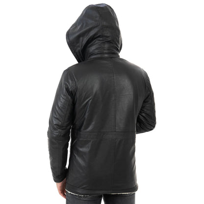 Rindway Herren-Lederjacke in Slim Fit, schwarz, aus echtem Leder, mit Lammfelltaschen und abnehmbarer Kapuze