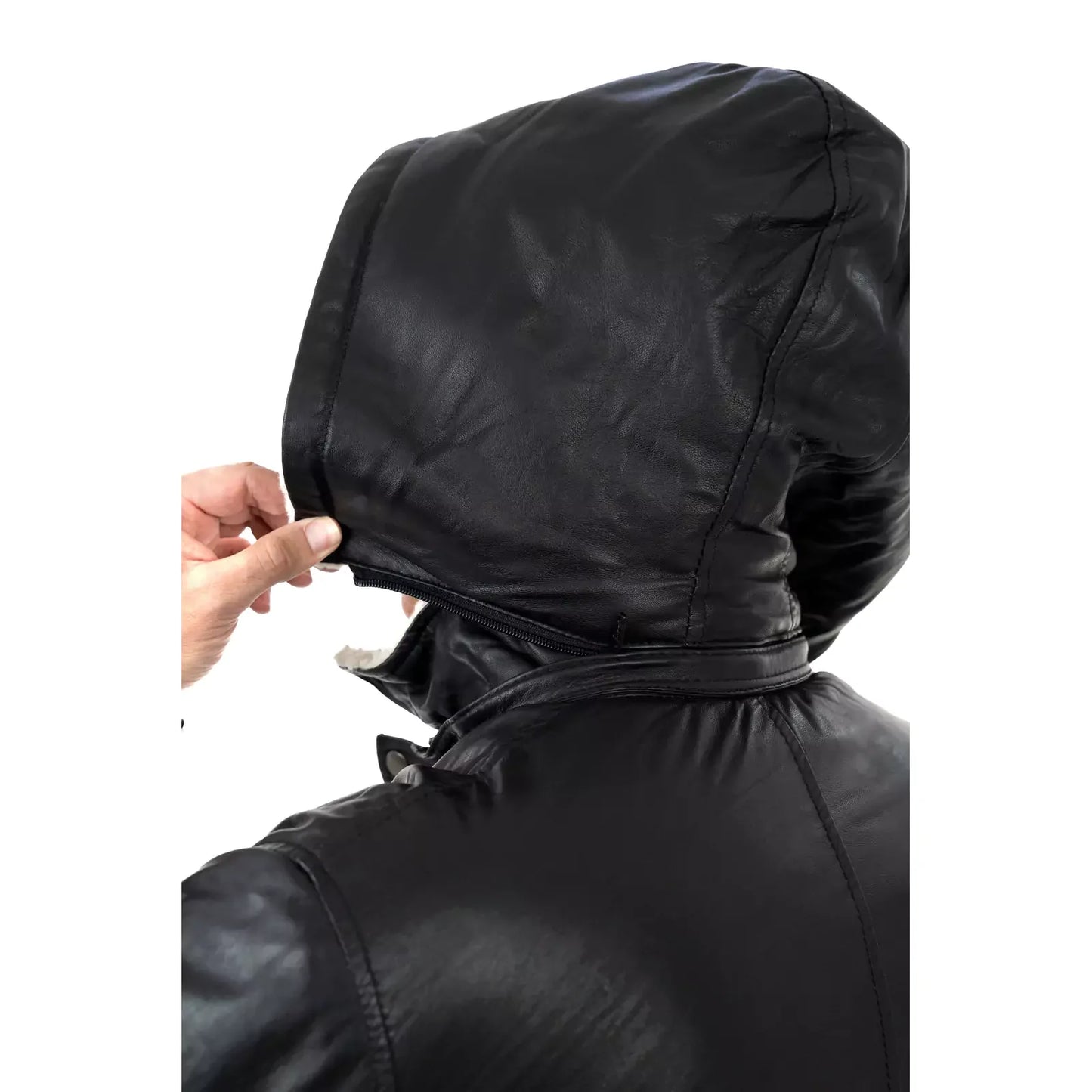 Rindway Herren-Lederjacke in Slim Fit, schwarz, aus echtem Leder, mit Lammfelltaschen und abnehmbarer Kapuze