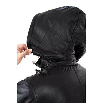 Rindway Herren-Lederjacke in Slim Fit, schwarz, aus echtem Leder, mit Lammfelltaschen und abnehmbarer Kapuze