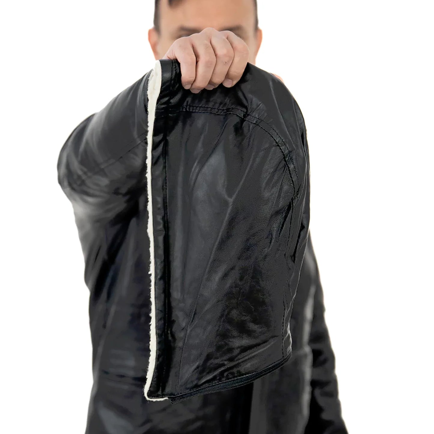 Rindway Herren-Lederjacke in Slim Fit, schwarz, aus echtem Leder, mit Lammfelltaschen und abnehmbarer Kapuze