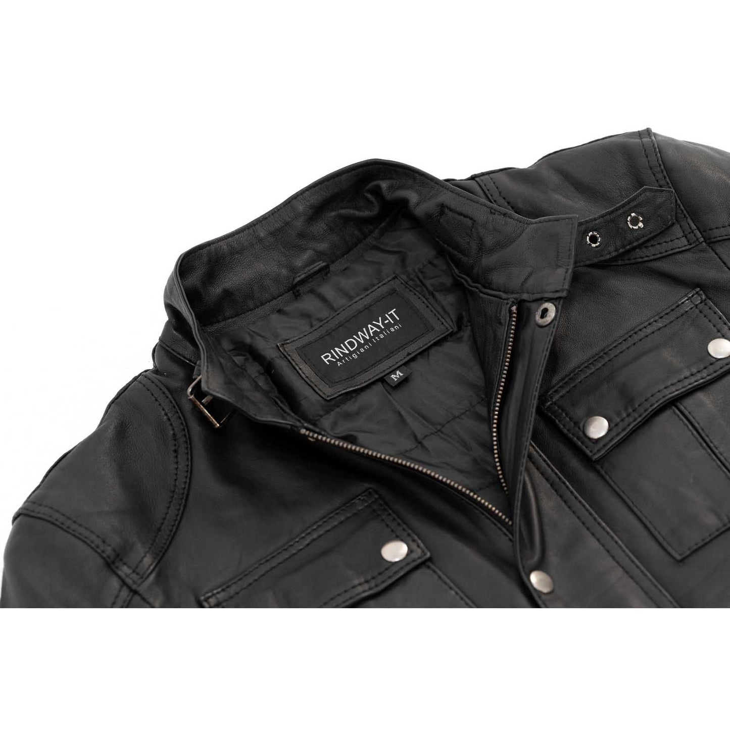 Rindway Herren-Bikerjacke aus schwarzem Echtleder in schmaler Passform mit Hauptreißverschluss und Überschlag