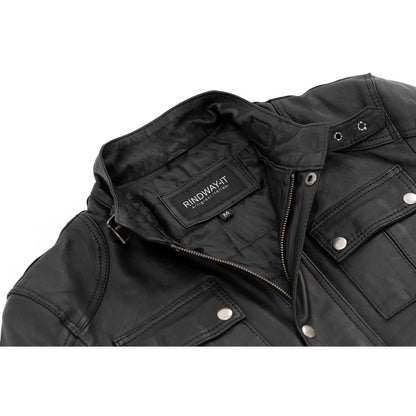 Rindway Herren-Bikerjacke aus schwarzem Echtleder in schmaler Passform mit Hauptreißverschluss und Überschlag