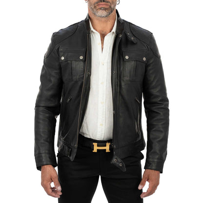 Rindway Herren-Bikerjacke aus schwarzem Echtleder in schmaler Passform mit Hauptreißverschluss und Überschlag