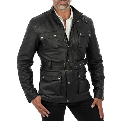 Schwarze, schmal geschnittene Herren-Lederjacke aus echtem Leder mit Taschen und Taillengürtel von Rindway