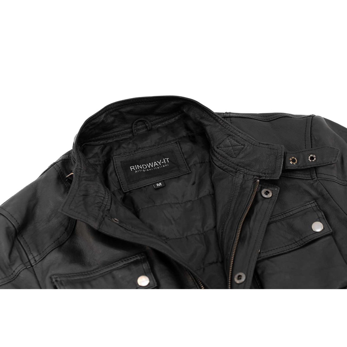 Schwarze, schmal geschnittene Herren-Lederjacke aus echtem Leder mit Taschen und Taillengürtel von Rindway