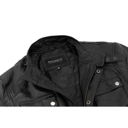 Schwarze, schmal geschnittene Herren-Lederjacke aus echtem Leder mit Taschen und Taillengürtel von Rindway