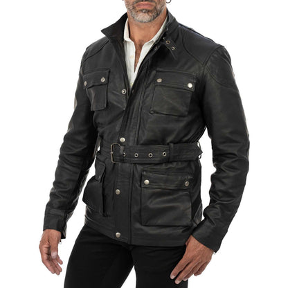Schwarze, schmal geschnittene Herren-Lederjacke aus echtem Leder mit Taschen und Taillengürtel von Rindway