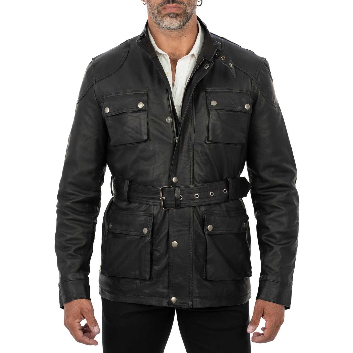 Schwarze, schmal geschnittene Herren-Lederjacke aus echtem Leder mit Taschen und Taillengürtel von Rindway