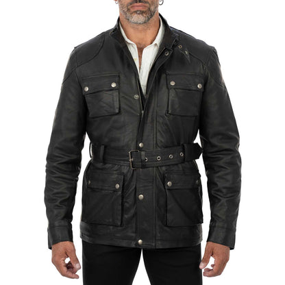 Schwarze, schmal geschnittene Herren-Lederjacke aus echtem Leder mit Taschen und Taillengürtel von Rindway