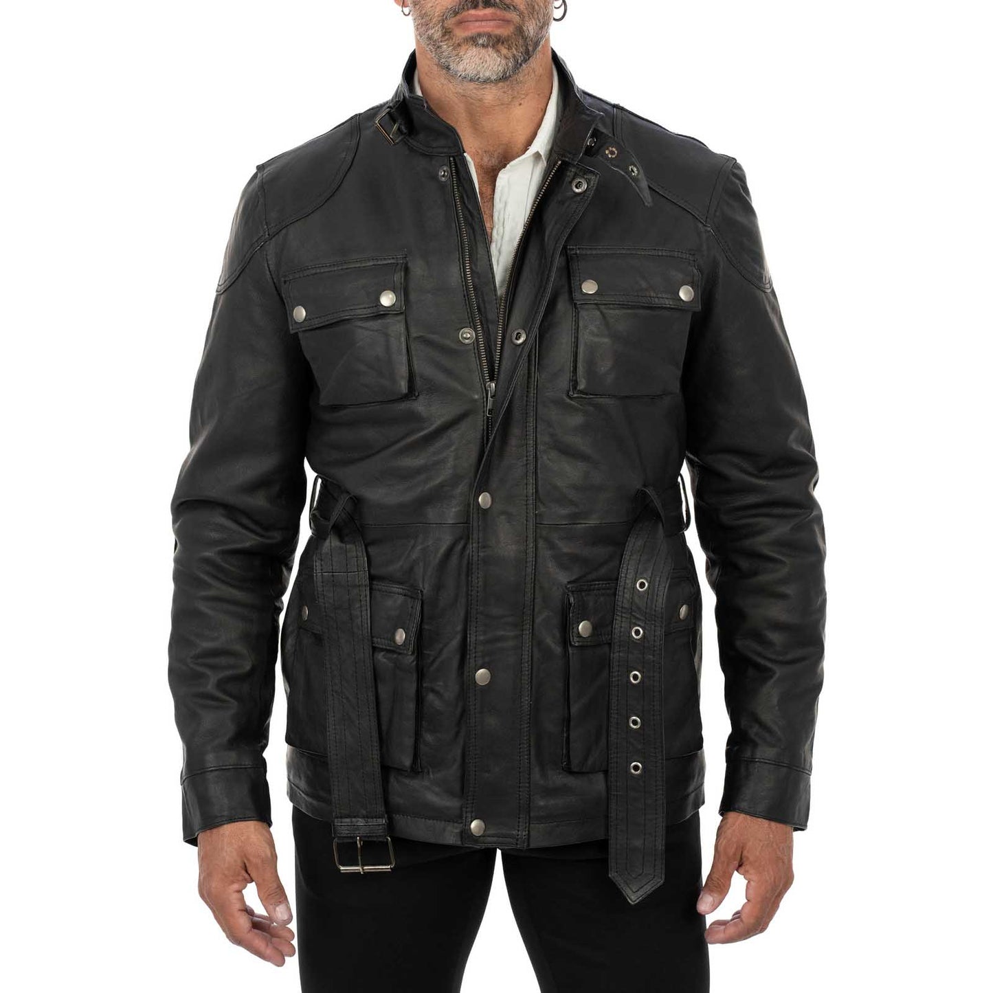 Schwarze, schmal geschnittene Herren-Lederjacke aus echtem Leder mit Taschen und Taillengürtel von Rindway