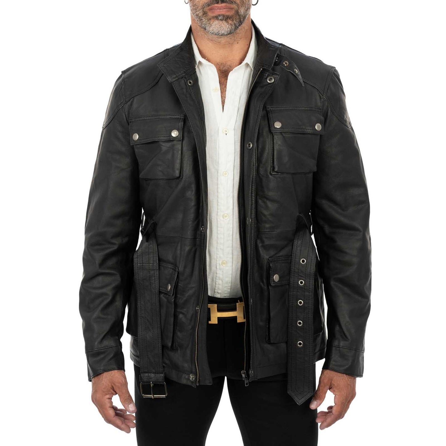 Schwarze, schmal geschnittene Herren-Lederjacke aus echtem Leder mit Taschen und Taillengürtel von Rindway