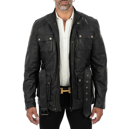 Schwarze, schmal geschnittene Herren-Lederjacke aus echtem Leder mit Taschen und Taillengürtel von Rindway