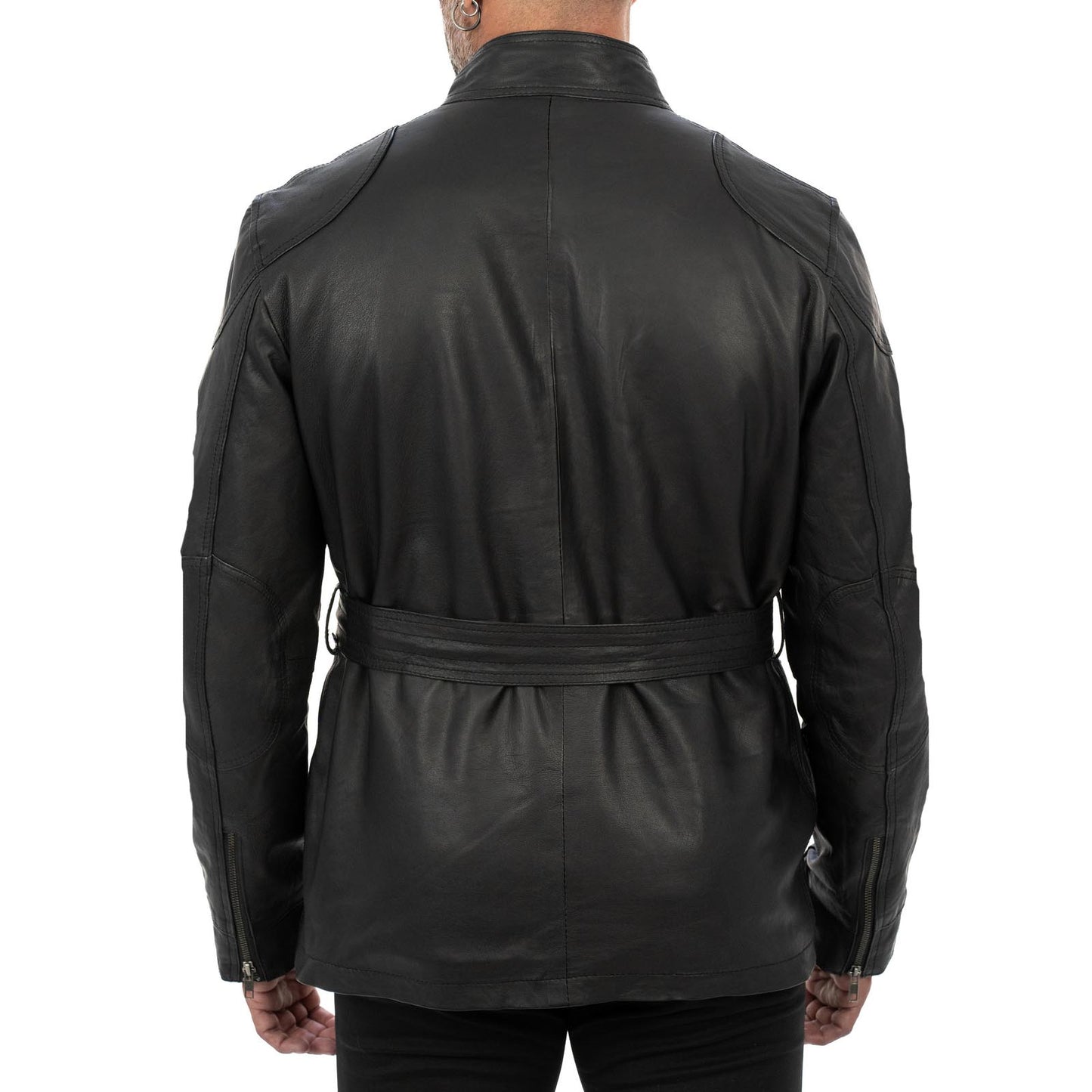 Schwarze, schmal geschnittene Herren-Lederjacke aus echtem Leder mit Taschen und Taillengürtel von Rindway