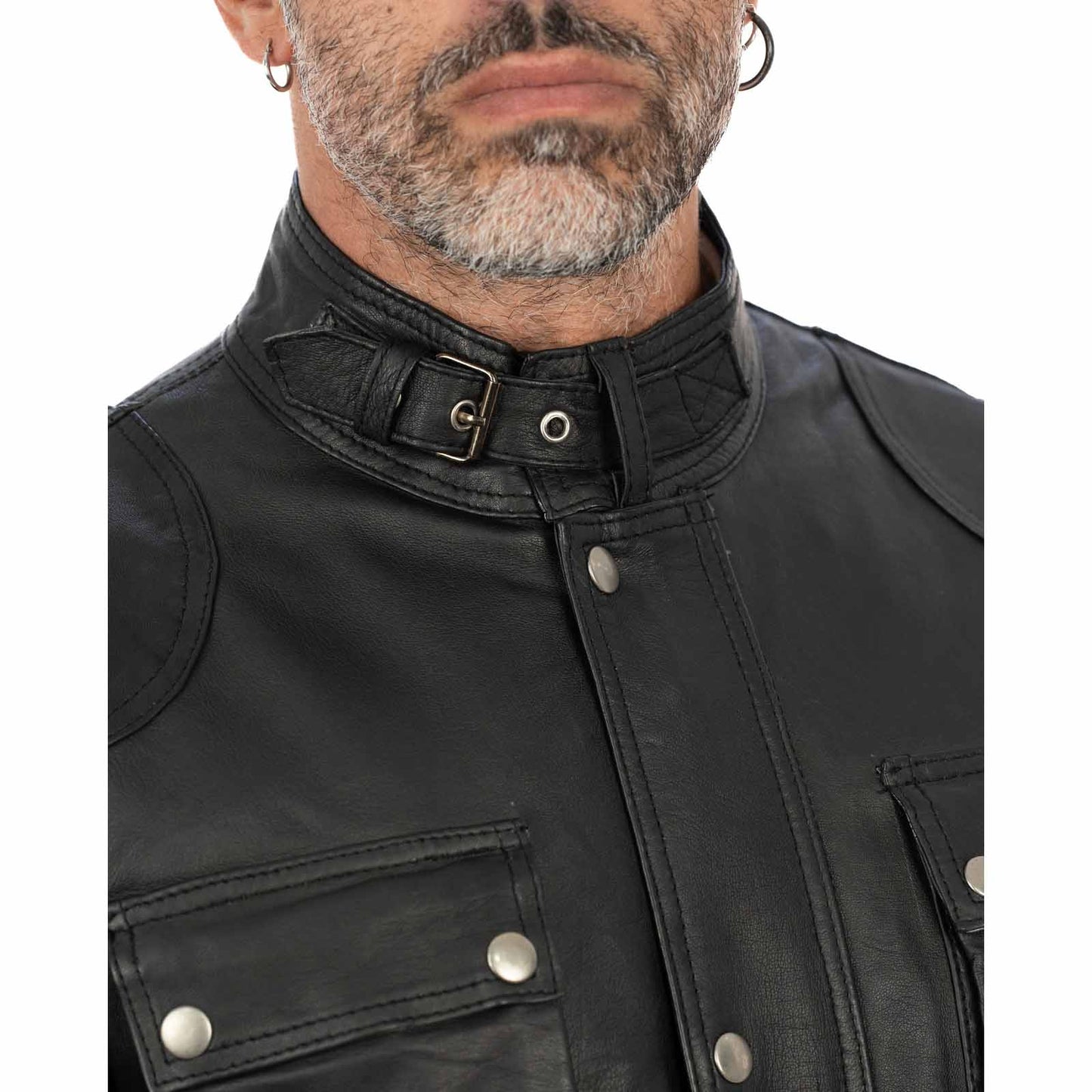 Schwarze, schmal geschnittene Herren-Lederjacke aus echtem Leder mit Taschen und Taillengürtel von Rindway