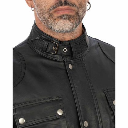 Schwarze, schmal geschnittene Herren-Lederjacke aus echtem Leder mit Taschen und Taillengürtel von Rindway