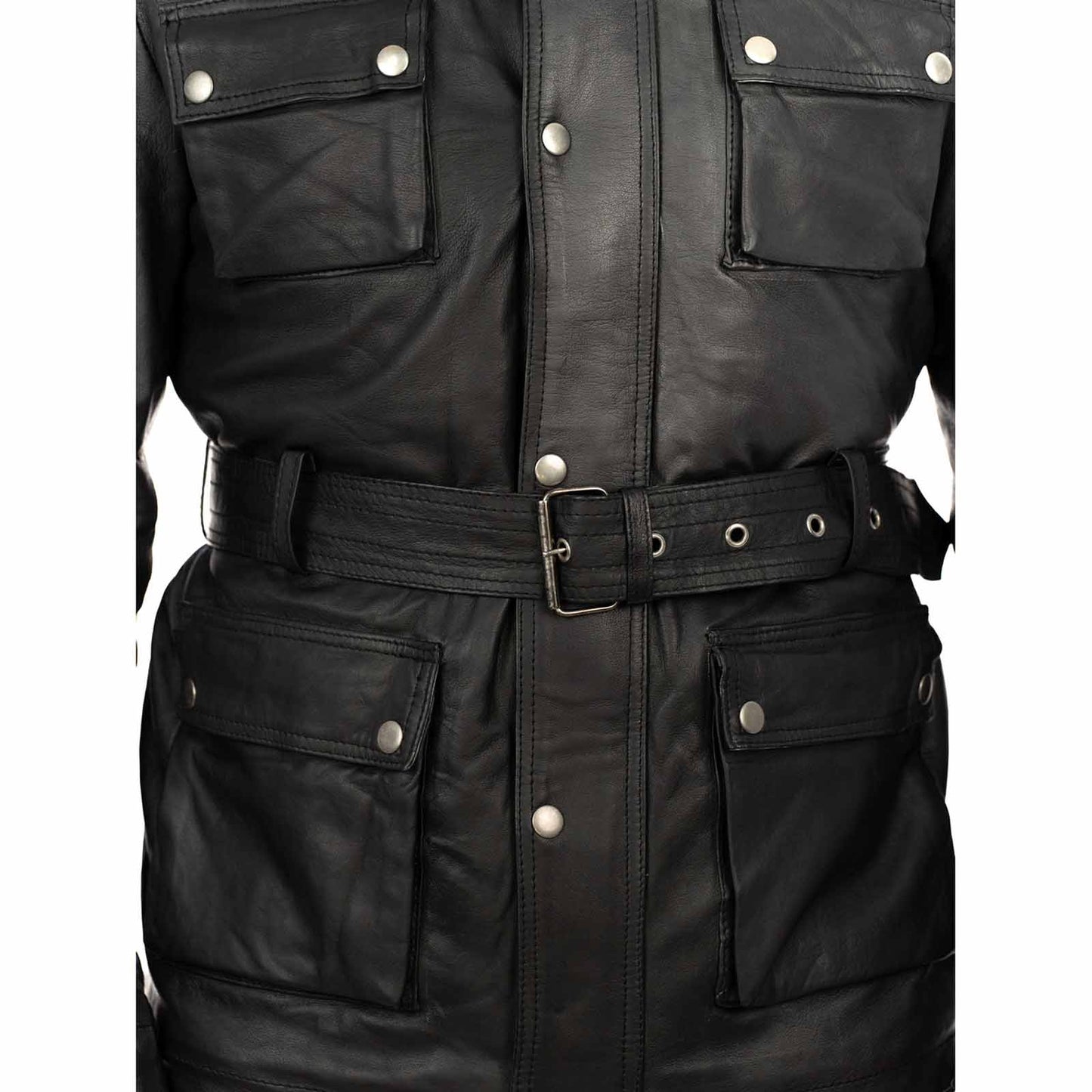 Schwarze, schmal geschnittene Herren-Lederjacke aus echtem Leder mit Taschen und Taillengürtel von Rindway