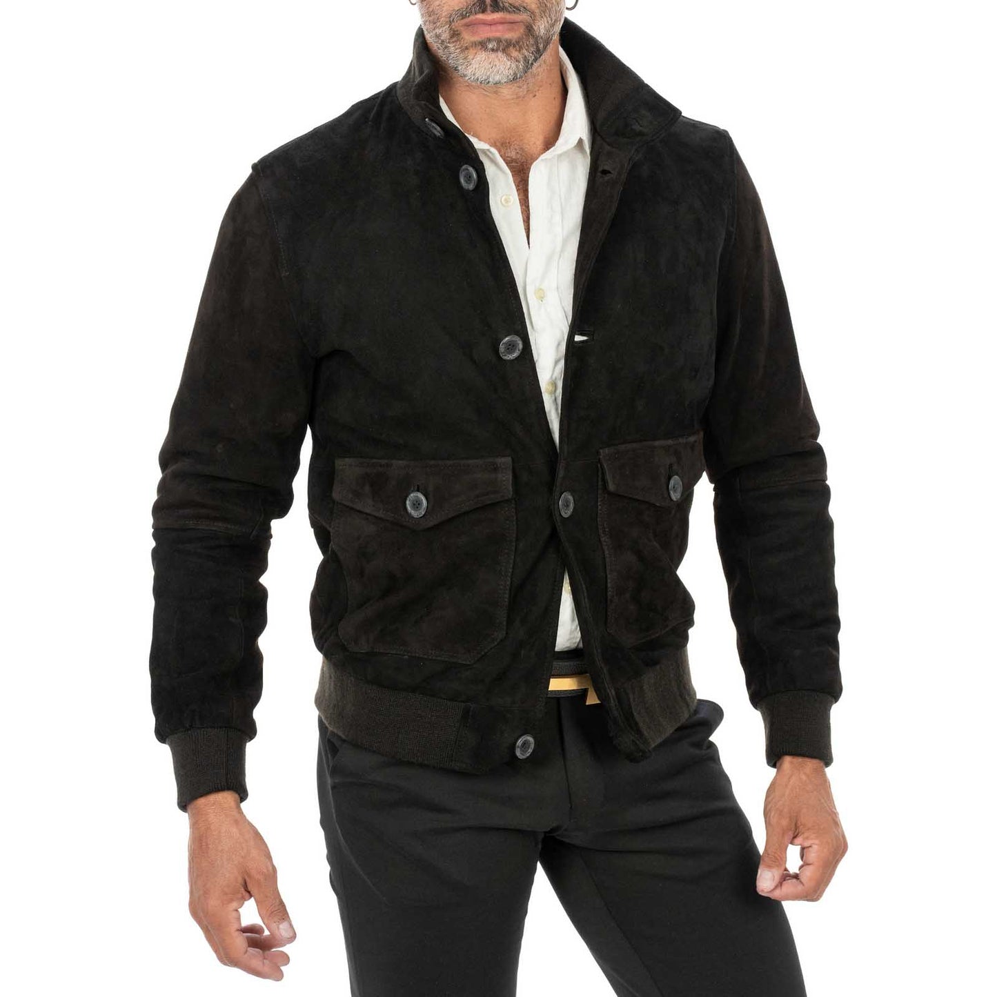 Giacca Bomber In Vera Pelle Camoscio Marrone Uomo Slim Con Bottoni E Tasconi Rindway