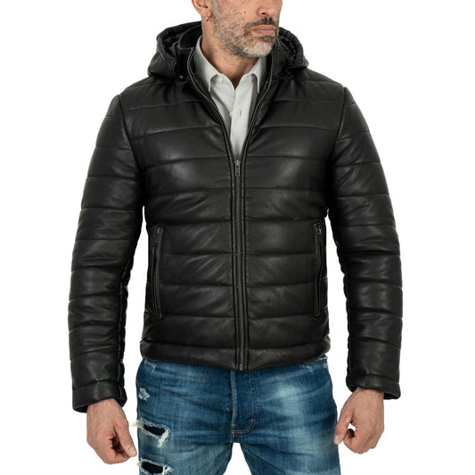 Rindway Herren-Daunenjacke aus schwarzem Echtleder in schmaler Passform mit abnehmbarer Kapuze und Reißverschluss