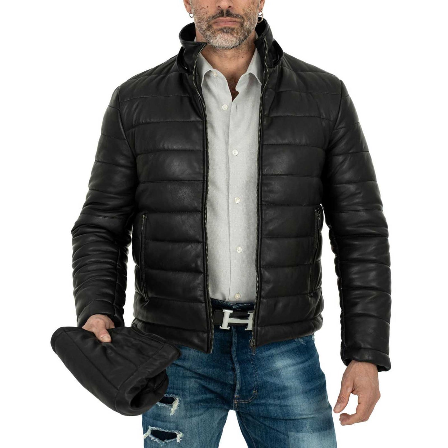 Rindway Herren-Daunenjacke aus schwarzem Echtleder in schmaler Passform mit abnehmbarer Kapuze und Reißverschluss