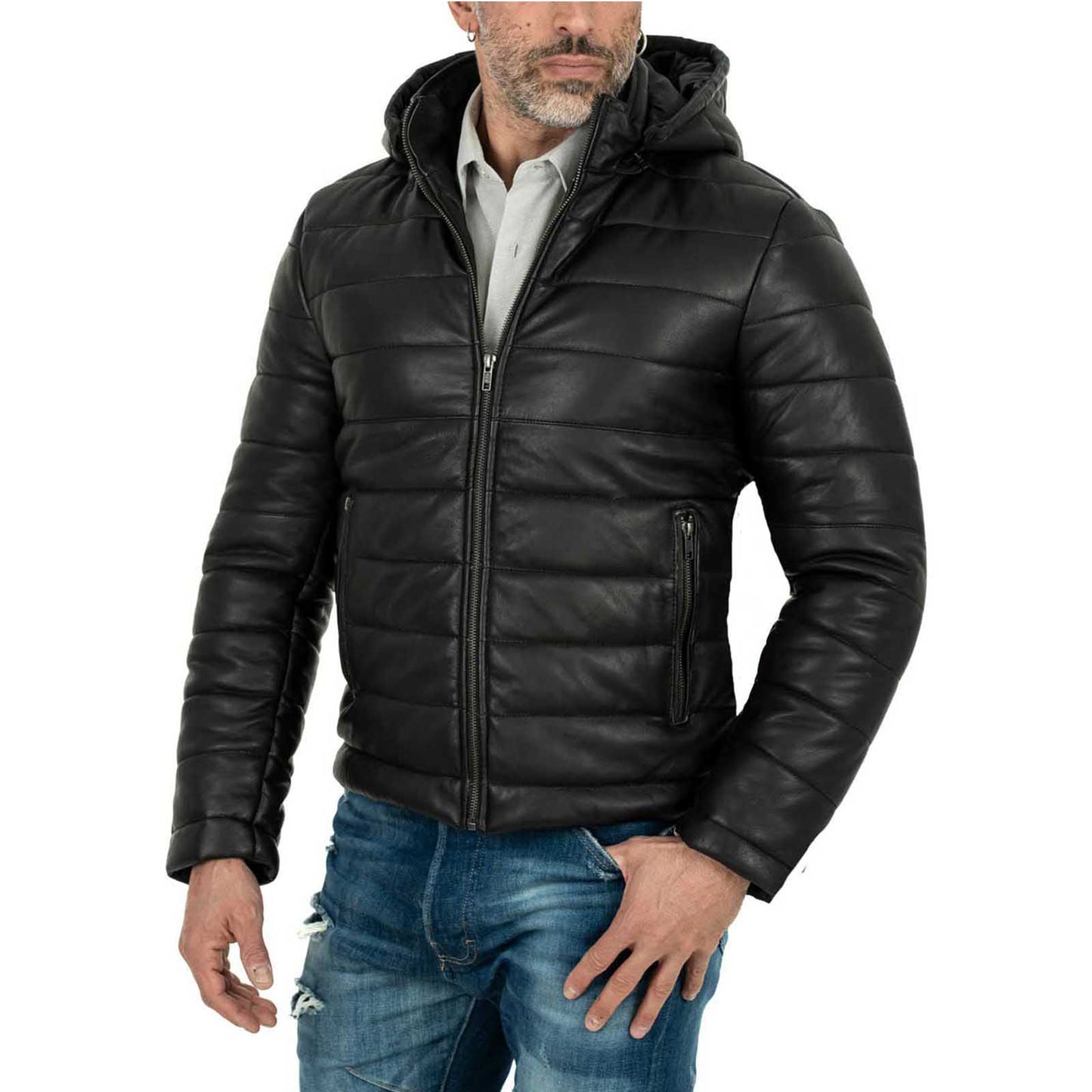 Rindway Herren-Daunenjacke aus schwarzem Echtleder in schmaler Passform mit abnehmbarer Kapuze und Reißverschluss