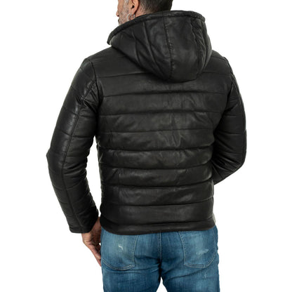 Rindway Herren-Daunenjacke aus schwarzem Echtleder in schmaler Passform mit abnehmbarer Kapuze und Reißverschluss
