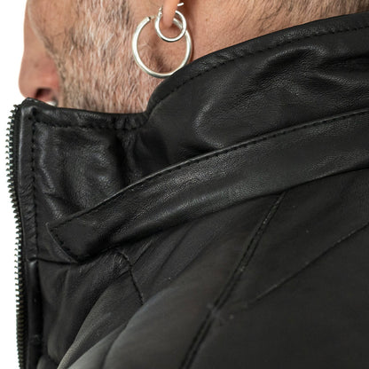 Rindway Herren-Daunenjacke aus schwarzem Echtleder in schmaler Passform mit abnehmbarer Kapuze und Reißverschluss